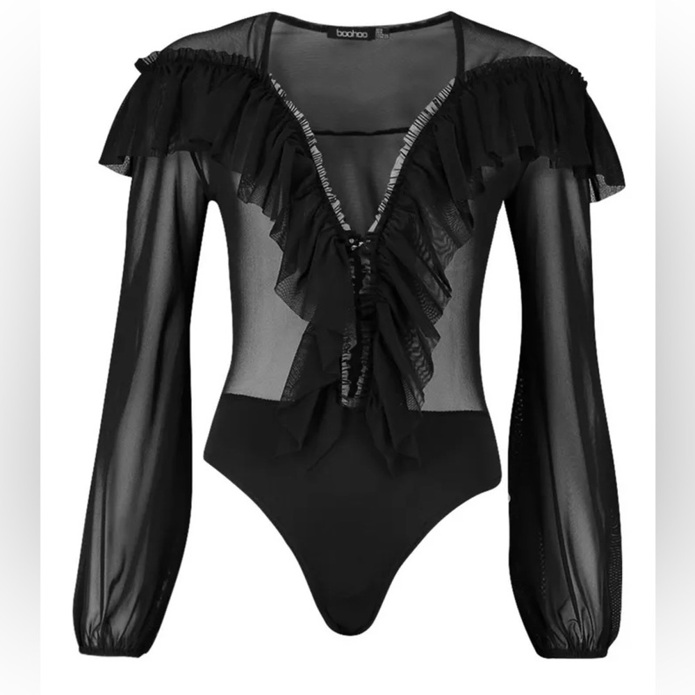 boohoo MESH RUFFLE DETAIL BODYSUIT - Picture 2 of 2